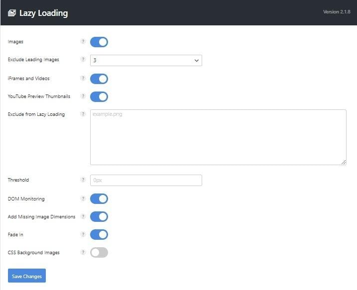 Settings interface for Lazy Loading version 2.1.8. Options like images, iFrames, and YouTube thumbnails are toggled on; CSS images off. Save changes button below.