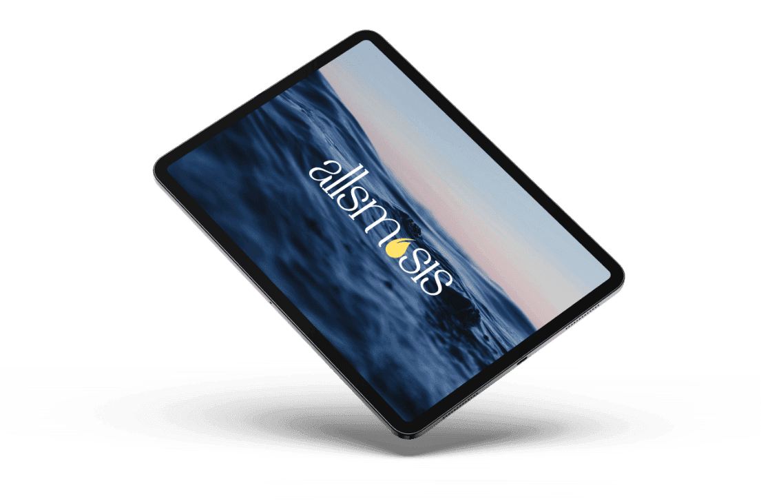 A tablet displaying a serene ocean scene at sunset with the word "allsmosis" and a droplet icon on its screen, floating against a light background.