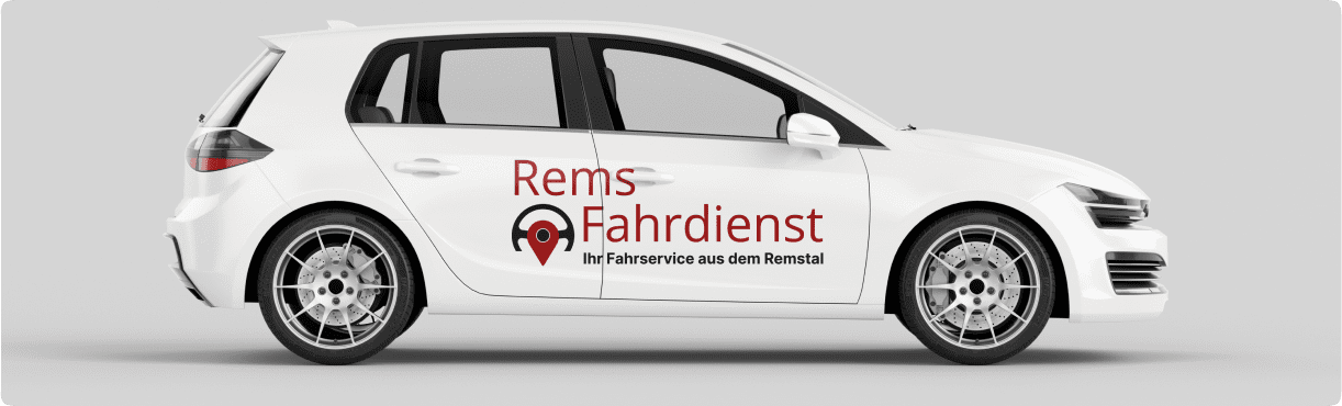 White hatchback car with "Rems Fahrdienst" logo and text in red and black on the side, styled against a plain gray background, conveys professionalism.