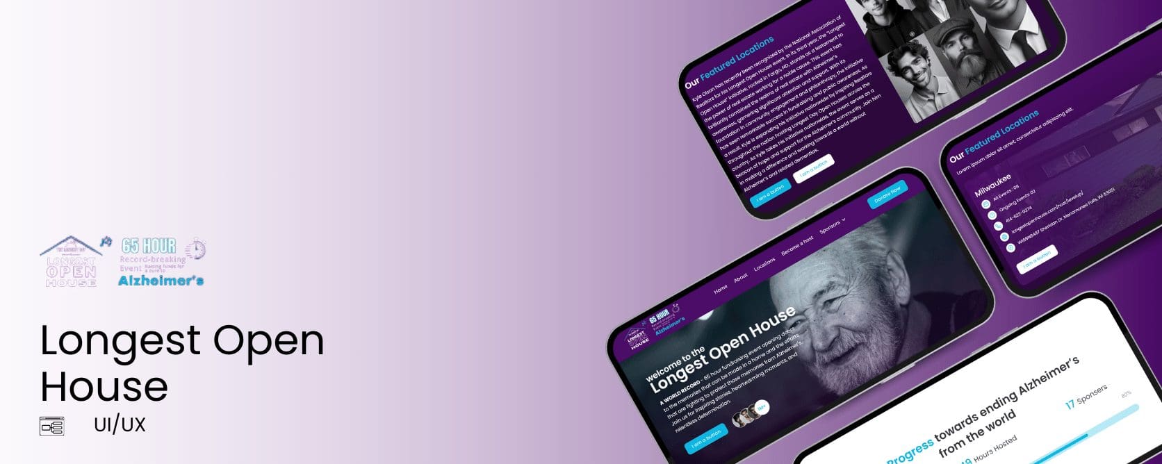 Purple-themed visual showcasing UI/UX design for the 'Longest Open House,' an event supporting Alzheimer's awareness. Includes text and design elements.
