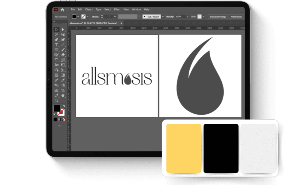 Tablet displaying a design software with the text "allsmosis" beside a large black droplet. Below are yellow, black, and white color swatches.
