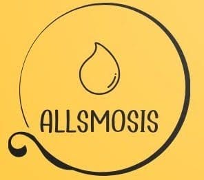 A yellow logo features a black swirling line forming a circle with a water droplet at its center. The word "ALLSMOSIS" is written in bold, uppercase letters.