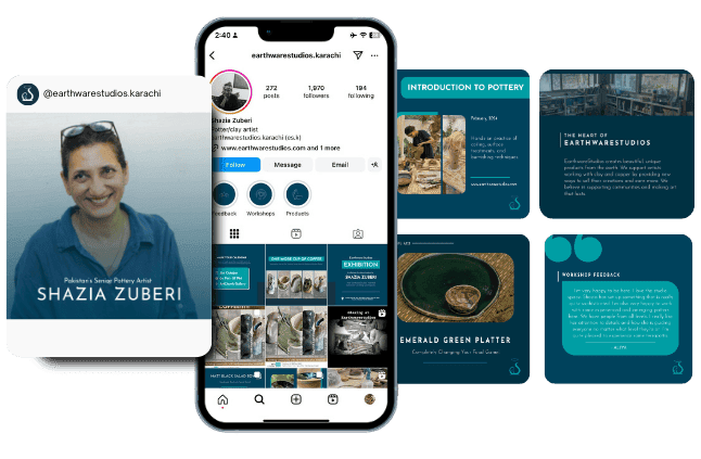 A collage showcases an EarthwareStudios Instagram profile screen of a pottery artist alongside blue-green themed cards displaying pottery workshops and feedback quotes.
