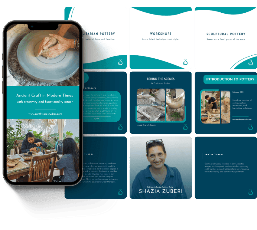 A collage displays EarthwareStudios pottery features. A phone shows hands shaping clay with text "Ancient Craft in Modern Times." Various cards highlight workshops and pottery styles, with images of people and pottery. The tone is artistic and educational, emphasizing creativity and tradition.