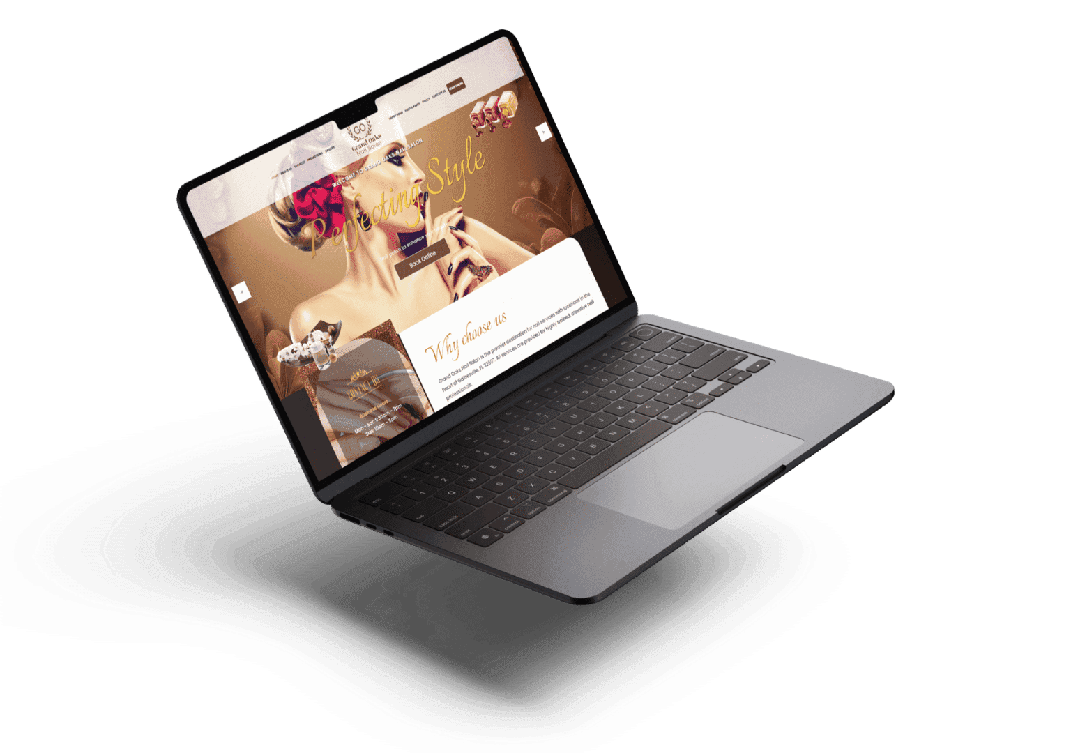 A laptop displaying a stylish website of Grand Oaks Nail Salon with a model and elegant text. The screen features warm colors, evoking a sense of luxury and sophistication.