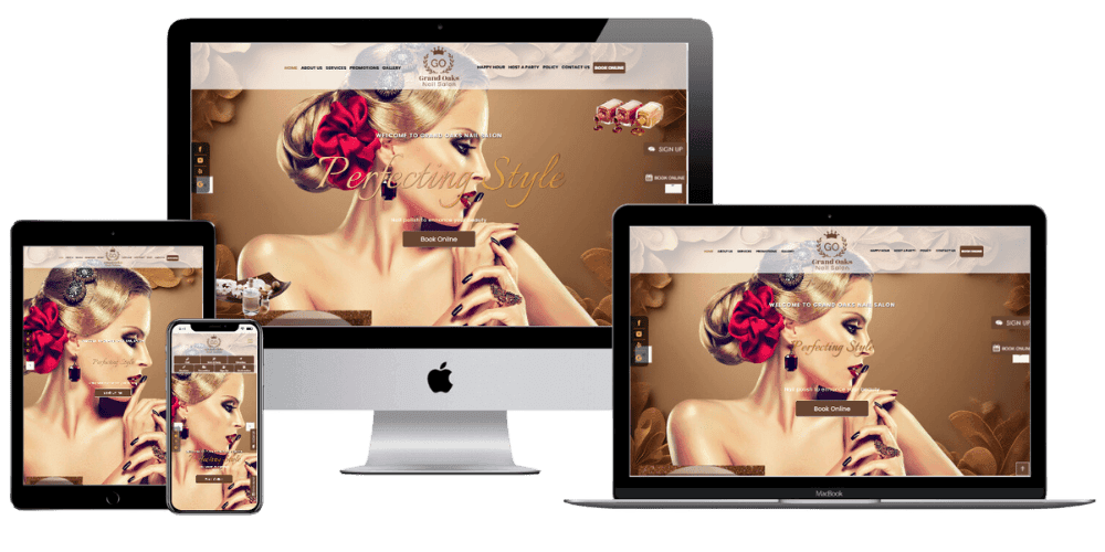 Screens displaying the homepage of a beauty salon website, featuring a vintage-style woman with elegant hair and makeup, conveying luxury and style.