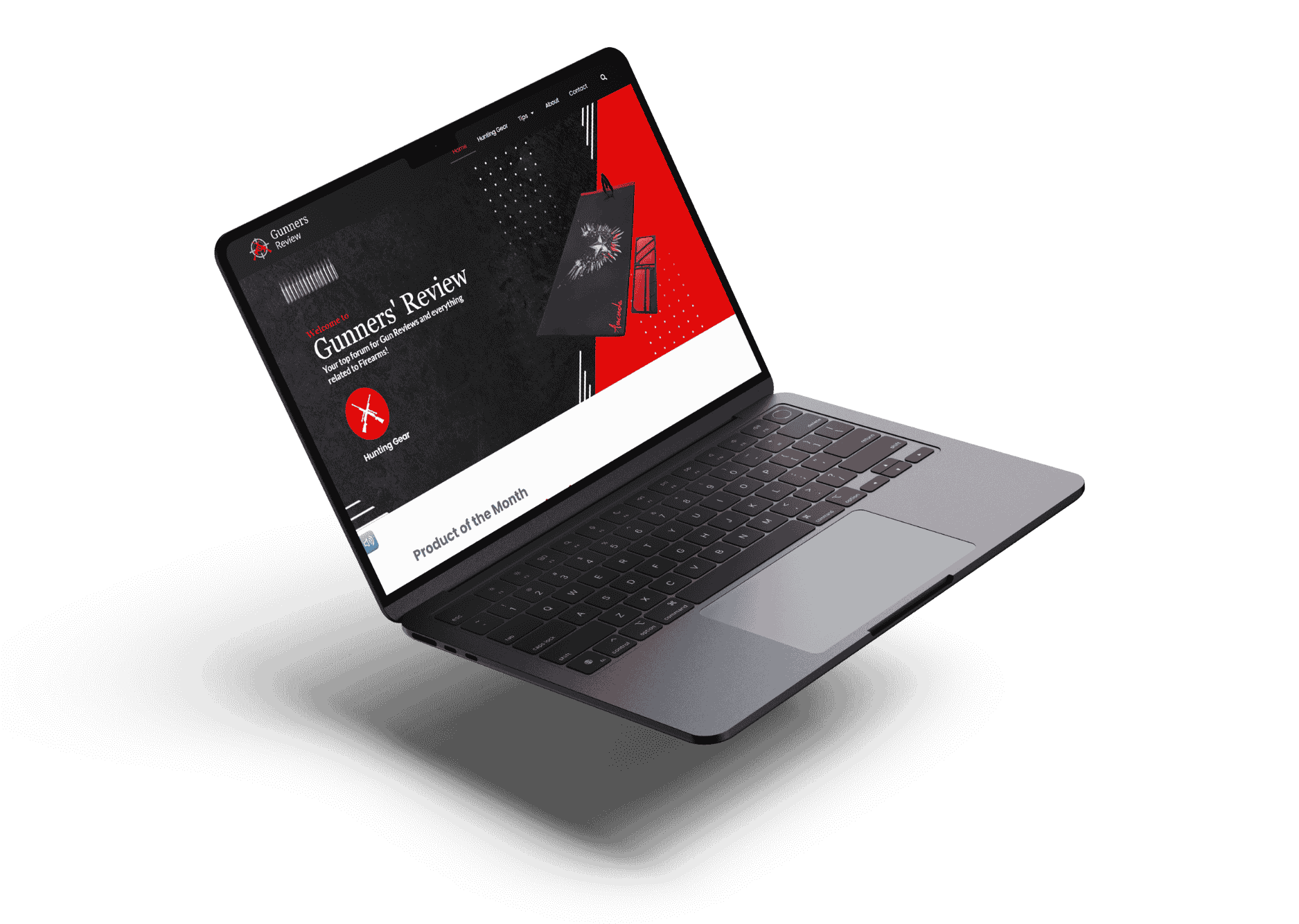A laptop displaying a website titled "Gunners' Review" with a bold red and black design. The page features gun reviews and hunting gear.