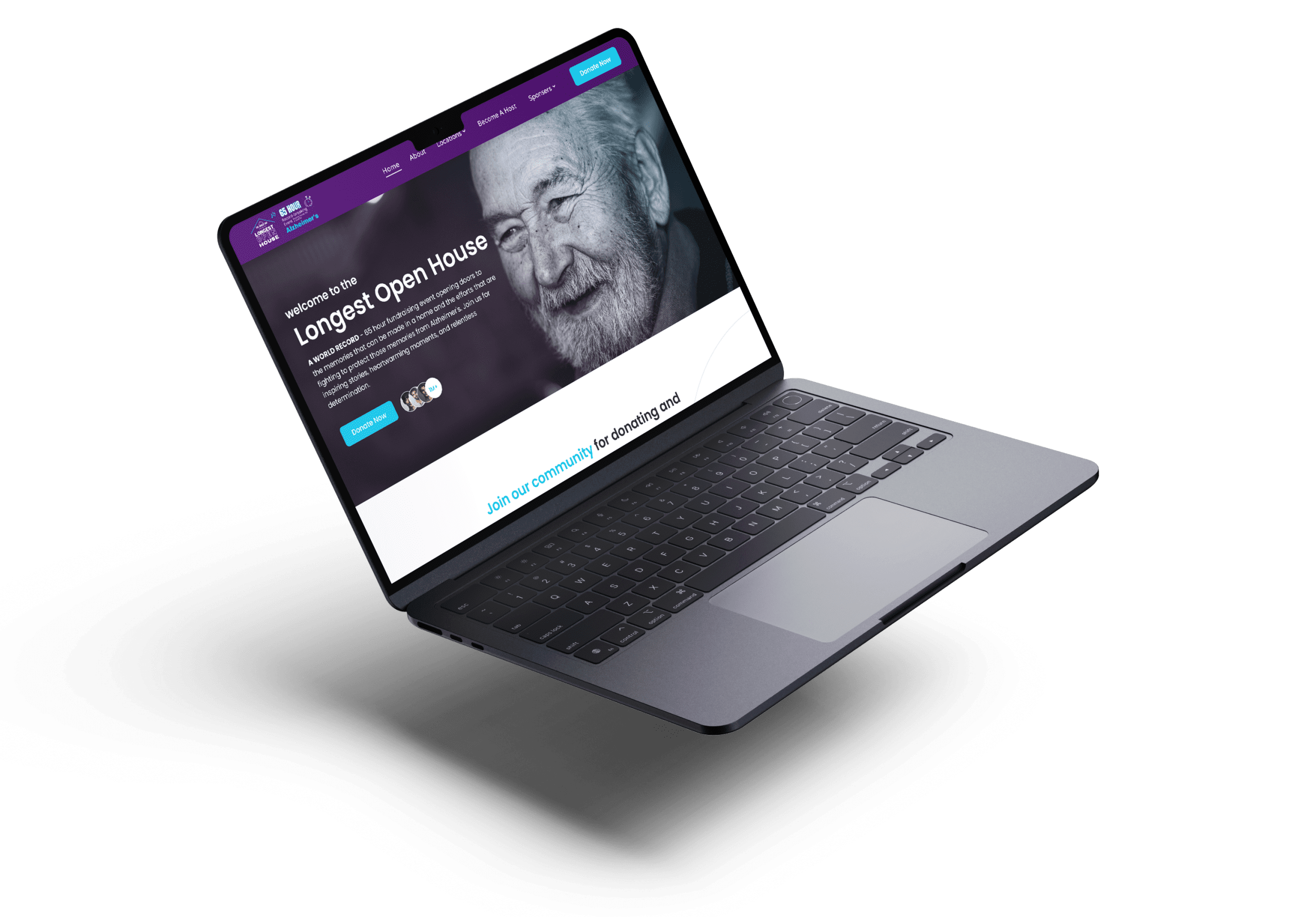 Laptop displaying a webpage for a fundraising event called "Longest Open House" featuring a smiling elderly man. Tone is welcoming and informative.
