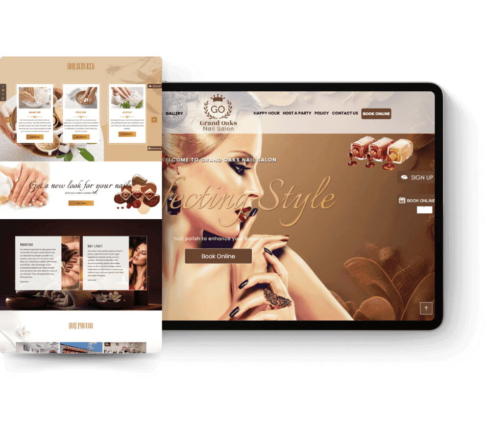 A dual-screen view of a nail salon website. The left screen shows service options with manicure images and text. The right screen features a glamorous model with manicured nails and a booking button, conveying elegance and luxury.