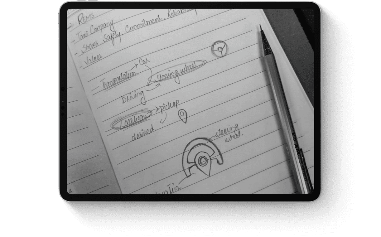 Handwritten notes on lined paper detail a taxi company's values: safety and commitment. Includes sketches of a steering wheel and location pin.