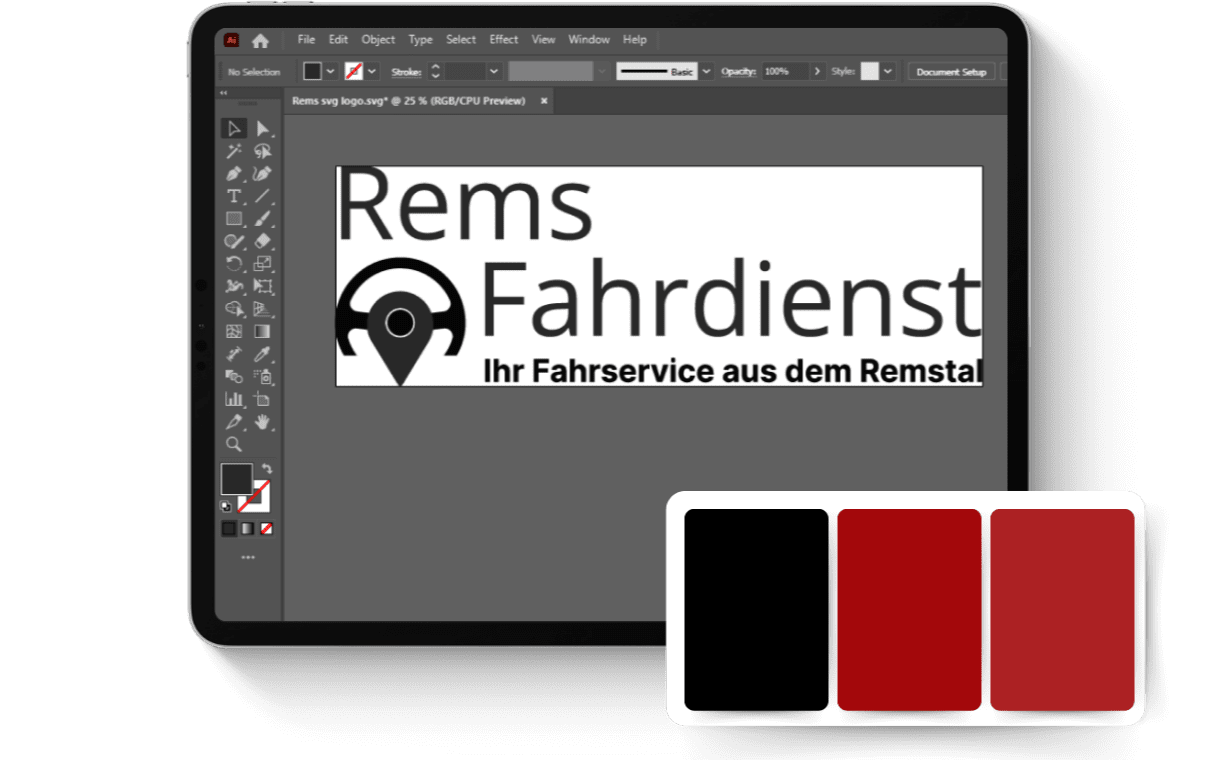 Tablet screen displaying an Adobe Illustrator workspace with a "Rems Fahrdienst" logo, featuring a steering wheel and location pin icon. A black, white, and red color palette is shown below.