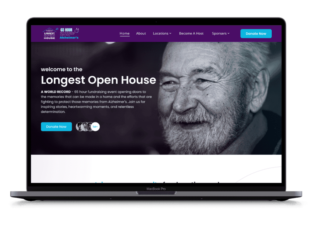 Laptop screen displaying a website for the "Longest Open House," a 65-hour Alzheimer's fundraiser. Features a smiling elderly man, conveying warmth and hope.