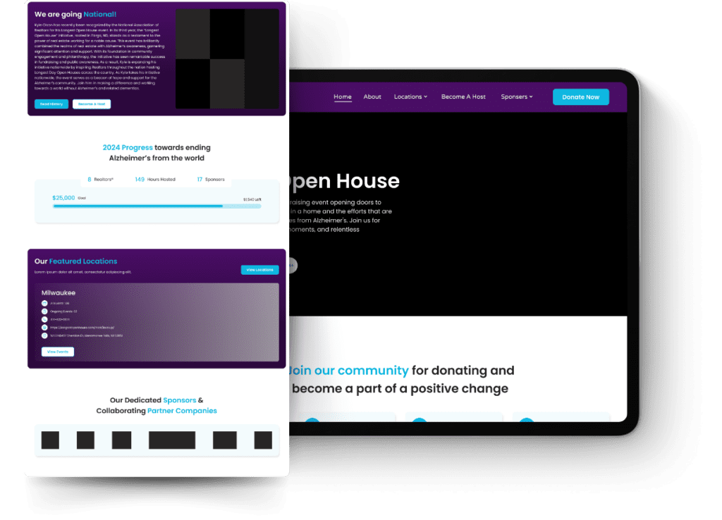 Website showcasing an Alzheimer's fundraising event with a purple and blue theme. Sections highlight progress, featured locations, and sponsors.