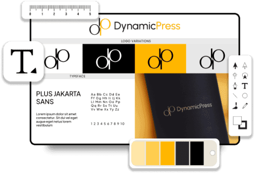 Graphic design layout showcasing DynamicPress branding elements, including logo variations, font styles, color palette, and design tools.