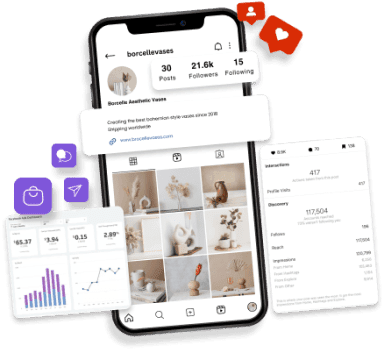 A smartphone displaying an Instagram profile for Borcella Vases, featuring posts, followers, and engagement statistics, with social media icons.