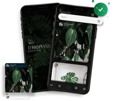 Two smartphones display the Terraplante app, featuring lush green plant images and a search bar, on a dark background.