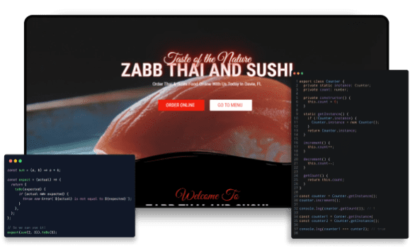 A website for Zabb Thai and Sushi featuring "Order Online" and "Go to Menu" buttons, alongside computer code on the side.