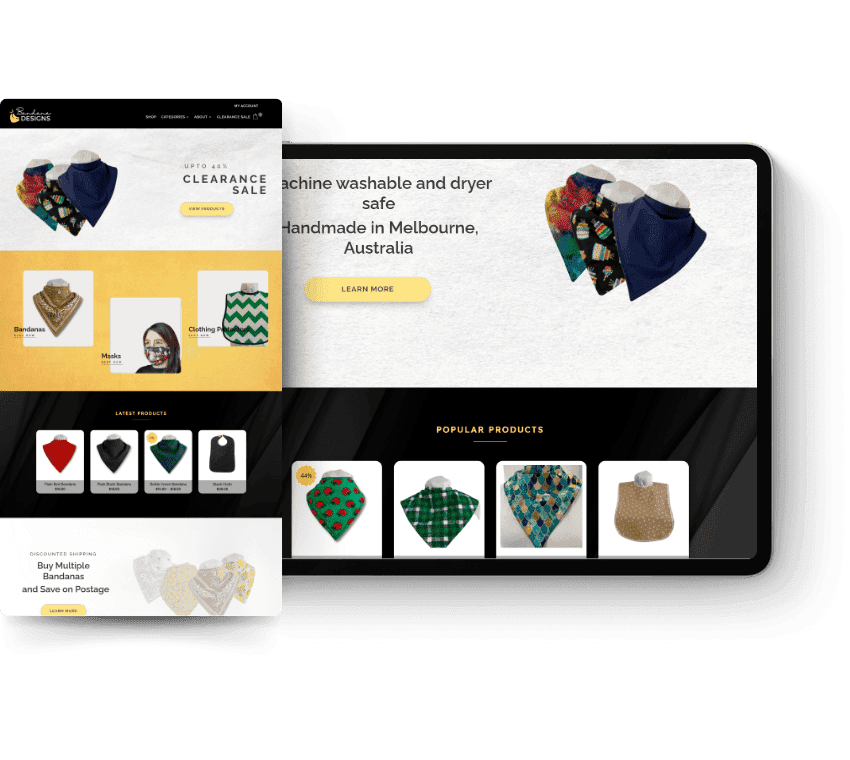 Webpage layout displaying a clearance sale on handmade bandanas from Melbourne. Features colorful bandanas, product categories, and a "Learn More" button.