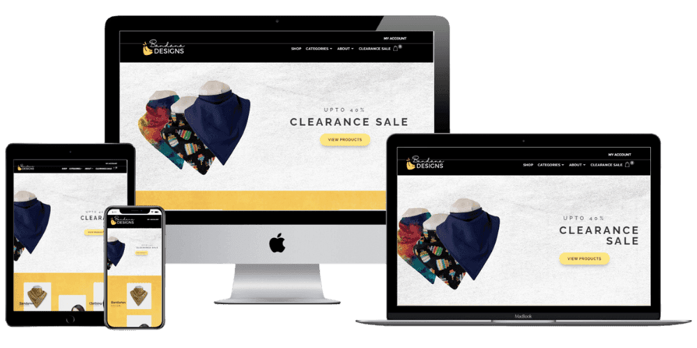 Four devices display a website featuring colorful bandanas, with a "Clearance Sale" banner and a "View Products" button, conveying a promotional tone.