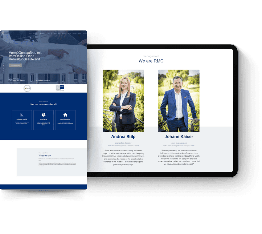 A website with a tablet displaying portraits of two professionals, Andrea Stilp and Johann Kaiser, in an outdoor setting.