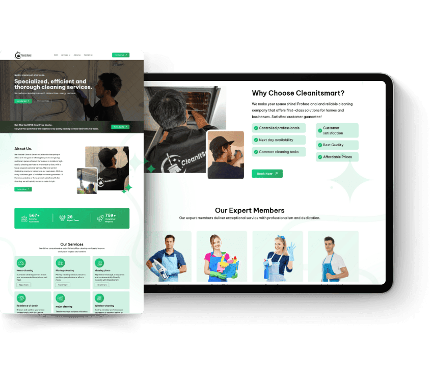 Two overlapping screens show a cleaning service website layout. The left features a professional cleaner and service details in green accents. The right highlights services, expert members with cleaning supplies, and benefits like quality and affordability. The design is clean and professional.