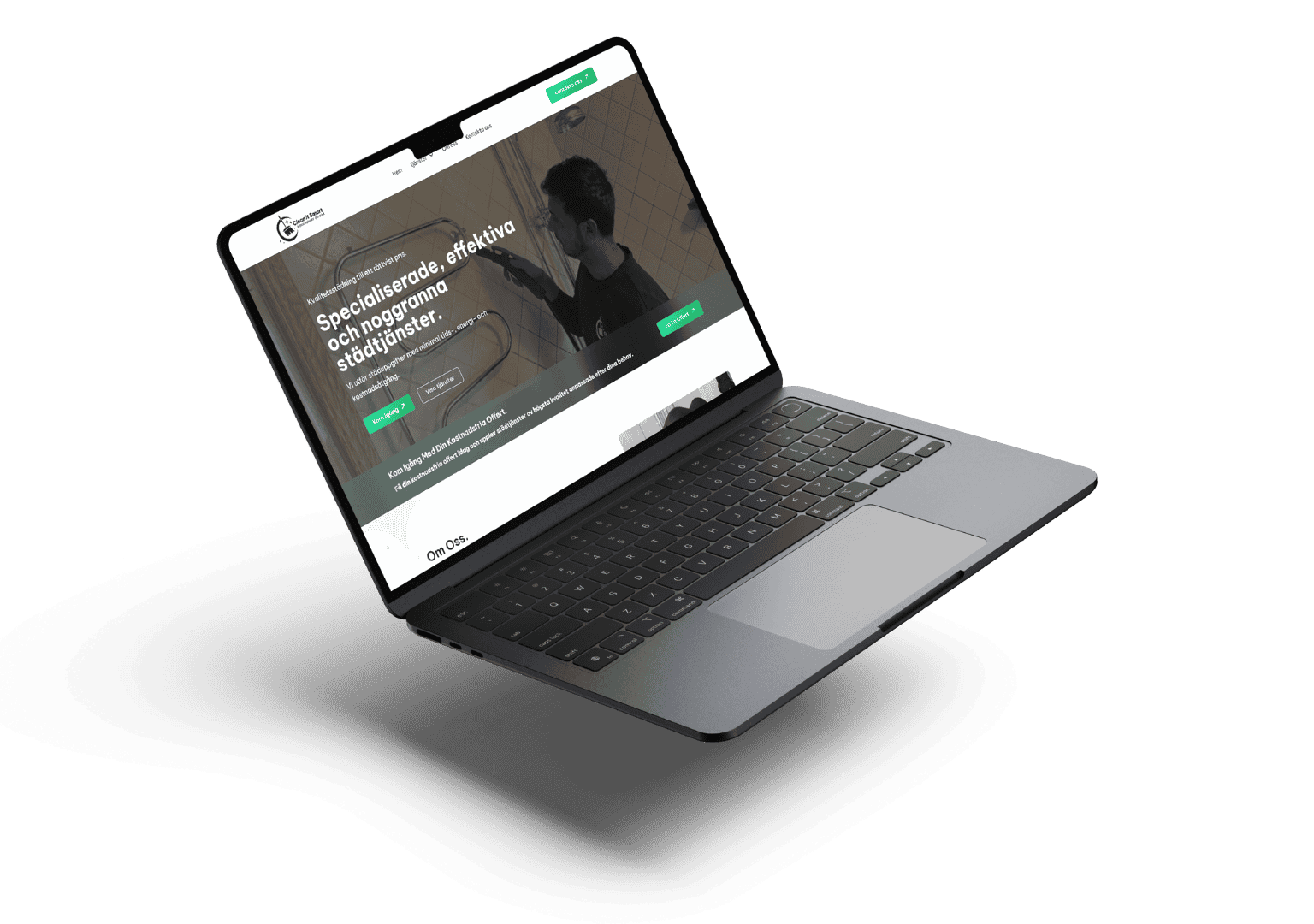 A sleek laptop displaying a cleaning service website. The screen shows a person cleaning a bathroom, with text in Swedish. Modern and professional tone.