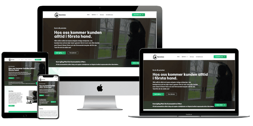 Responsive website design displayed on various devices: a desktop, laptop, tablet, and smartphone. The interface features a modern layout with green and dark accents and a focus on customer-first messaging.