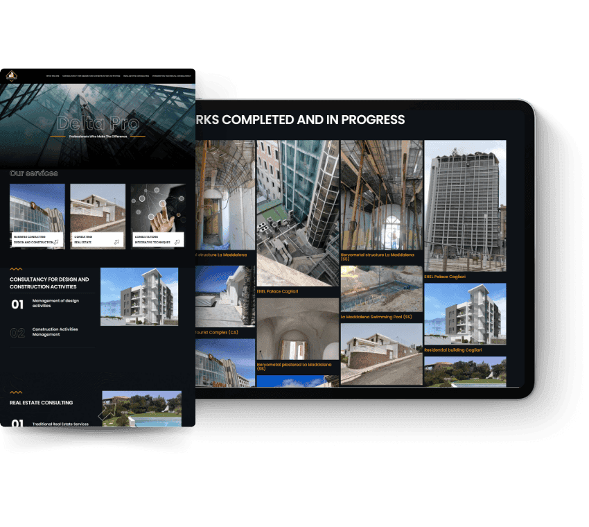 A dual-screen display showcases a construction company's portfolio. The left screen lists services like design and consultancy with building images. The right screen features completed projects, including high-rise structures and detailed architecture. The tones are professional and sophisticated.