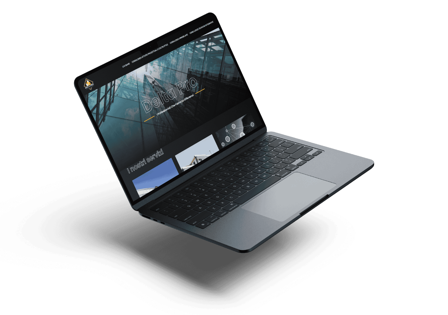 Open laptop displaying a website with modern architecture imagery and text "Delta Pro". The ambiance is sleek and professional, emphasizing design.