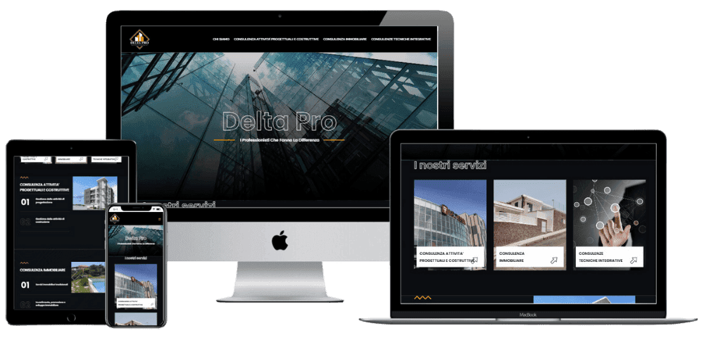 A desktop, laptop, tablet, and smartphone displaying the Delta Pro website. Each screen shows different sections with sleek design layouts, images of buildings, and service categories. The visuals convey a modern, professional tone.