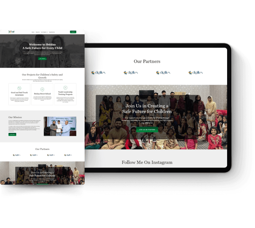 Webpage showcasing a children's safety project. The header reads 'Welcome to Ibtidaa: A Safe Future for Every Child.' Features three main project descriptions, a mission statement, and a photo of a smiling group of people with the text 'Join Us in Creating a Safe Future for Children.' Prominent call-to-action buttons and partnership logos included.