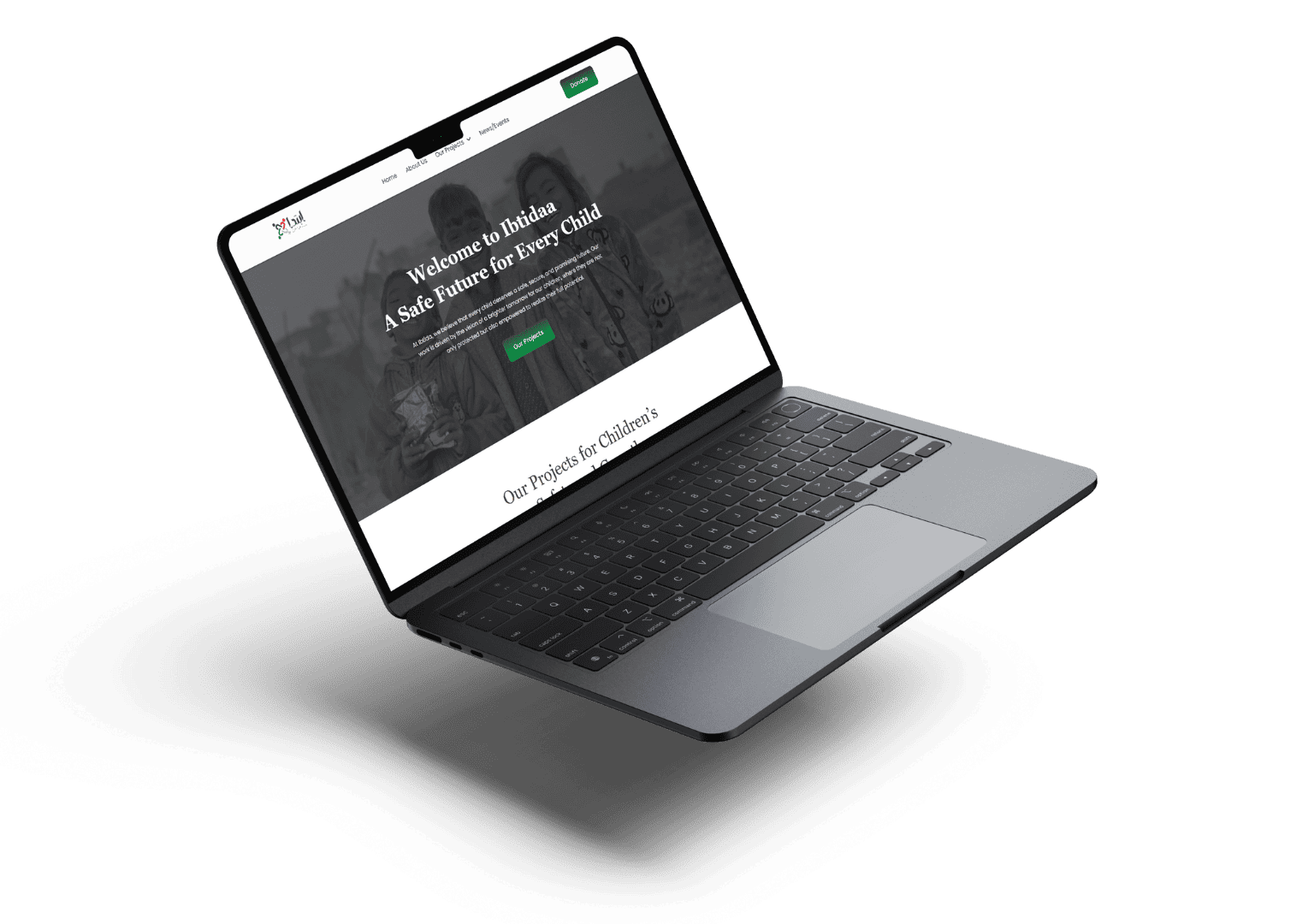 A laptop displays a website with a message: "Welcome to Ibtidaa: A Safe Future for Every Child." The screen features a muted background of children and a green "Donate" button, conveying hope and support.