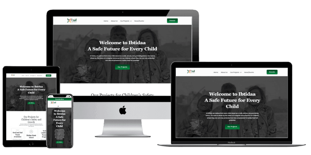 Responsive website layout displayed on various devices including a desktop, tablet, and smartphone. The homepage headline reads, "Welcome to Ibtidaa, A Safe Future for Every Child.” The design is clean and professional, emphasizing children's safety and growth.