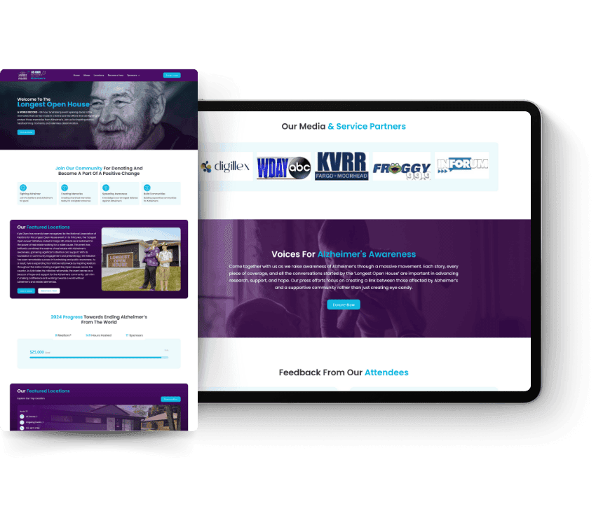 Website layout featuring Alzheimer's awareness content. Includes a header with an elderly man's face and sections on community engagement, media partners, and featured locations, emphasizing supportive and hopeful themes.