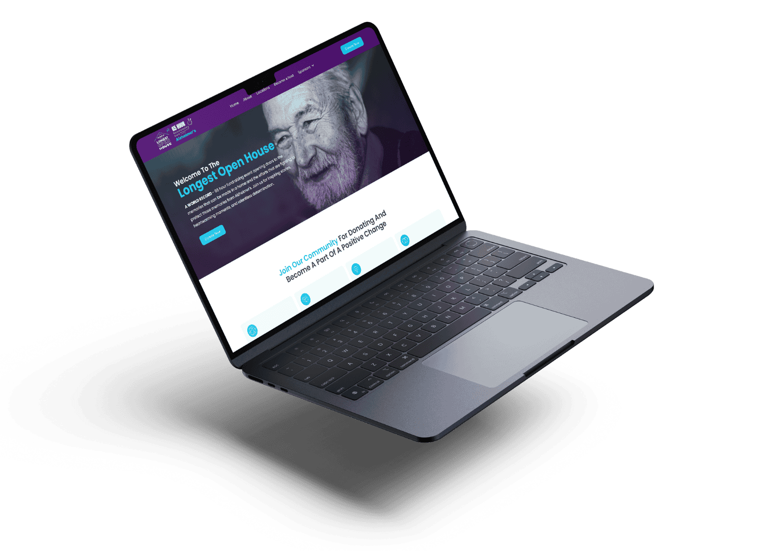 Laptop displaying a website with a welcoming message, an elderly man’s portrait, and community donation text. The tone is inviting and positive.