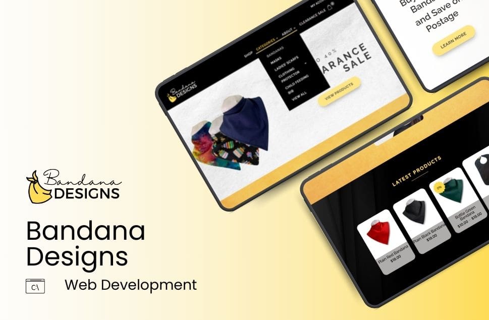 Promotional image for Bandana Designs web development. It shows three tablets displaying a sleek website featuring colorful bandanas with prices and product listings. The background is a yellow gradient, conveying a modern and vibrant tone.