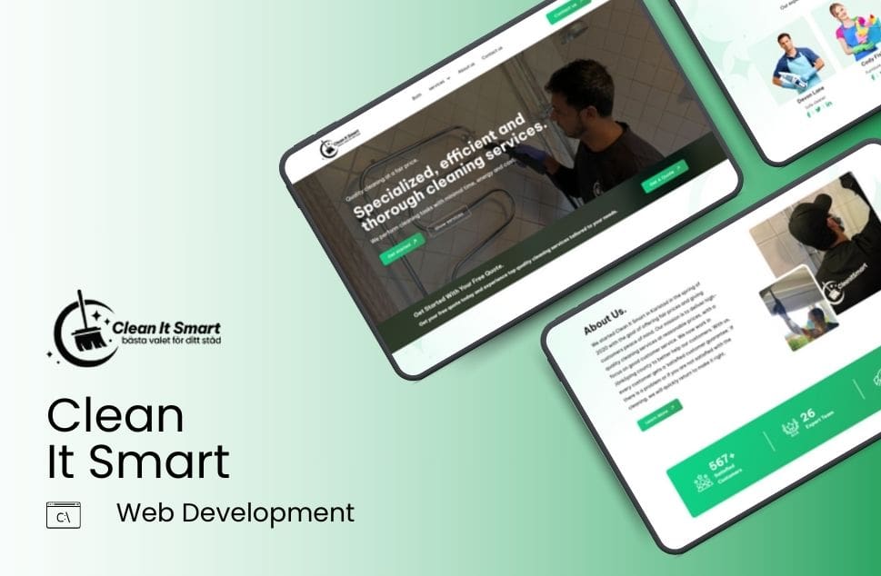 A web development project for 'Clean It Smart' featuring tablets with screens showing cleaning services. Green tones convey a fresh, efficient vibe.