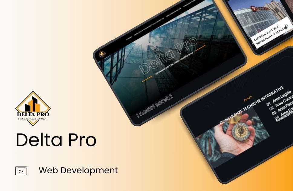Three angled tablet screens displaying Delta Pro's sleek web designs on a gradient background. Includes company logo and web development text.