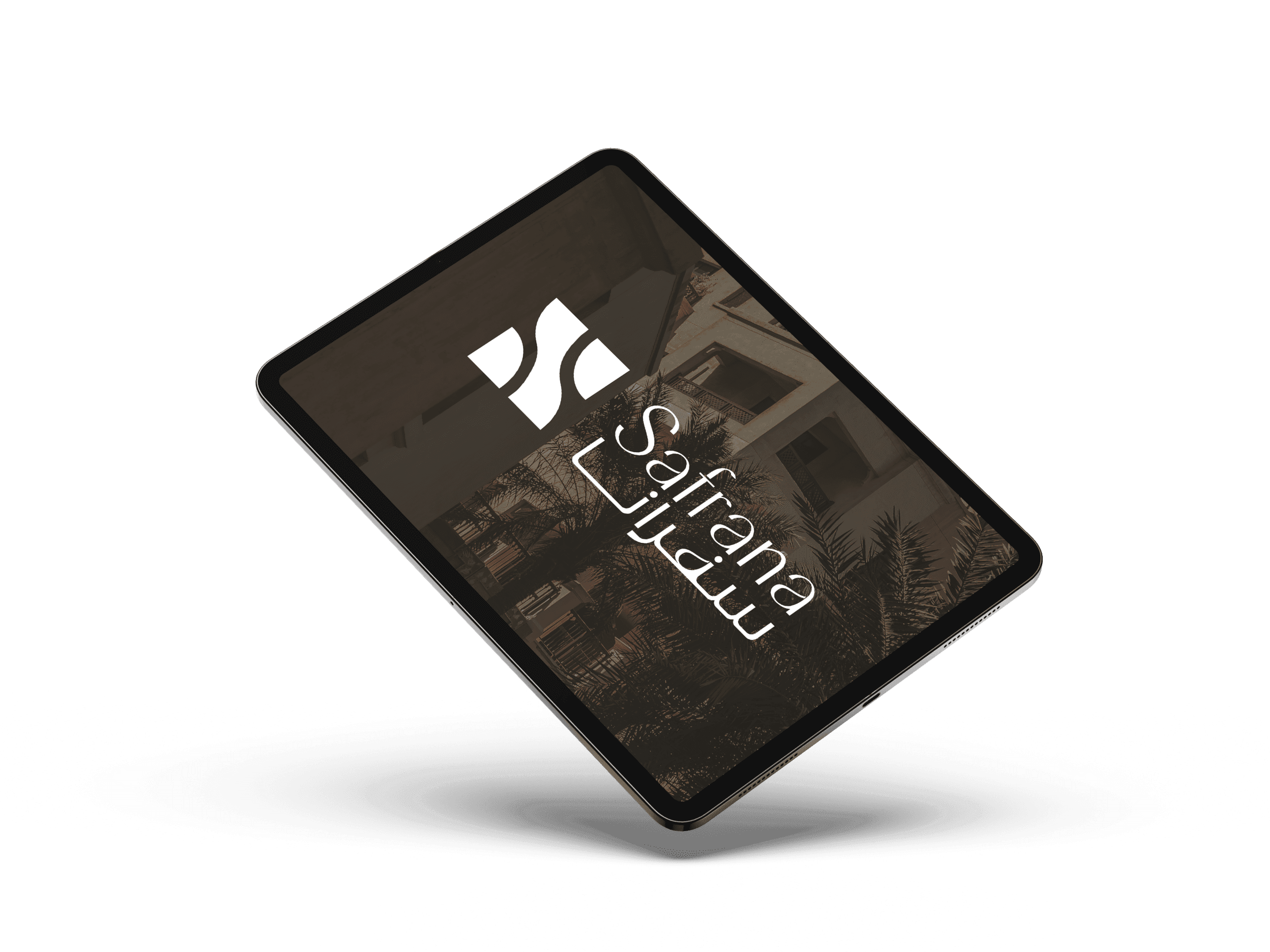 Tablet displaying the Safrana logo and Arabic text on a building background, set against a black surface. The tone is sleek and modern.