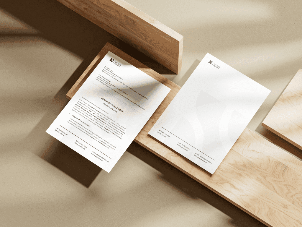 Two documents of Safrana on a wooden surface, one with visible text titled "Advisory Agreement"  and the other blank with a subtle wave pattern. Sunlight casts soft shadows.