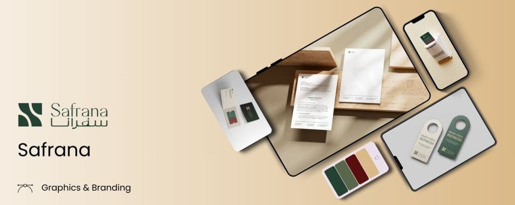 Branding concept for "Safrana" with elegant stationery designs on a beige background. Includes letterheads, business cards, door tags, and a color palette.