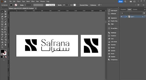 An Adobe Illustrator window showing a logo design. The logo features stylized "S" shapes, with text "Safrana" in English and Arabic, on a gray canvas.