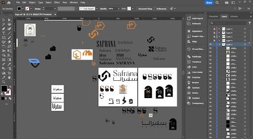 Screenshot of a Adobe Illustrator showing various logo designs. The workspace is filled with Arabic and English text, icon sketches, and layers for Safrana.