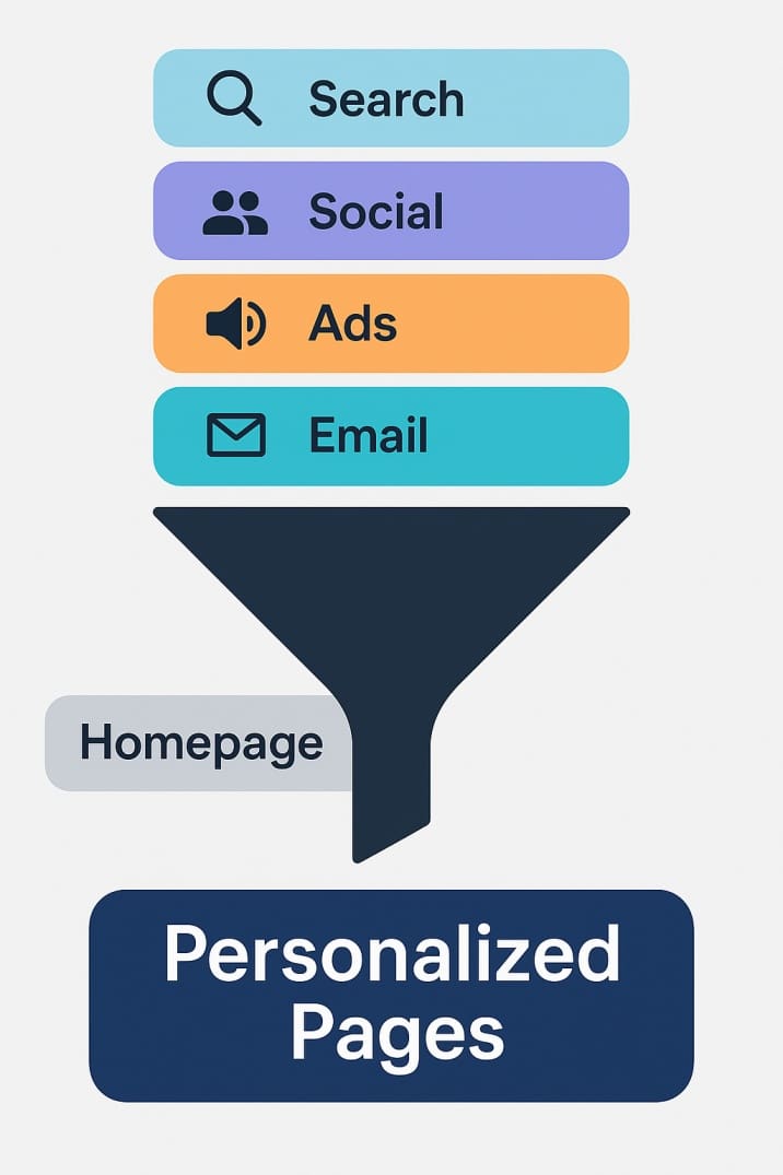 A funnel-style graphic showing user flow sources (Search, Social, Ads, Email) bypassing the homepage and landing directly on personalized pages