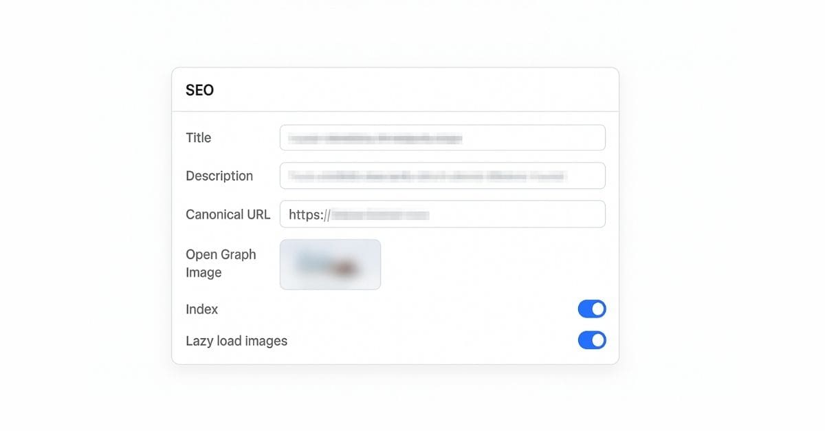Framer SEO settings interface displaying fields for title, description, canonical URL, Open Graph image, index, and lazy load images.