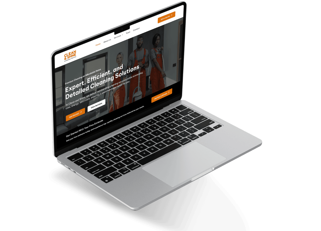 Angled laptop mockup showing the Clean It Smart cleaning services homepage.