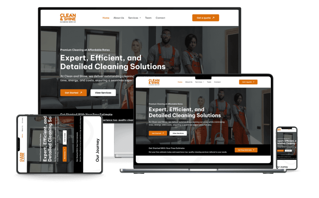Cleaning services website shown across desktop, laptop, iPad, and phone.