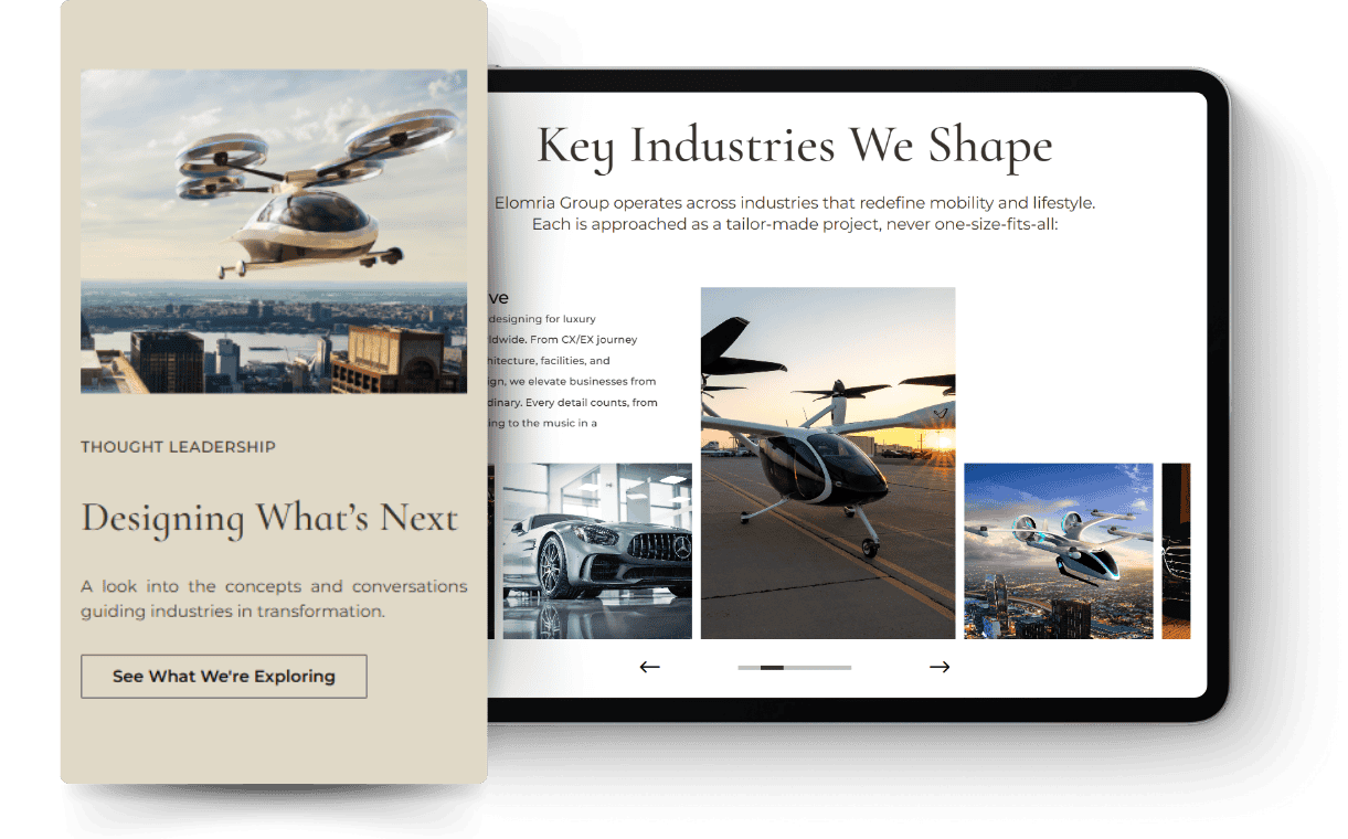 Tablet mockup showing Elomria’s “Key Industries We Shape” section with advanced mobility imagery.