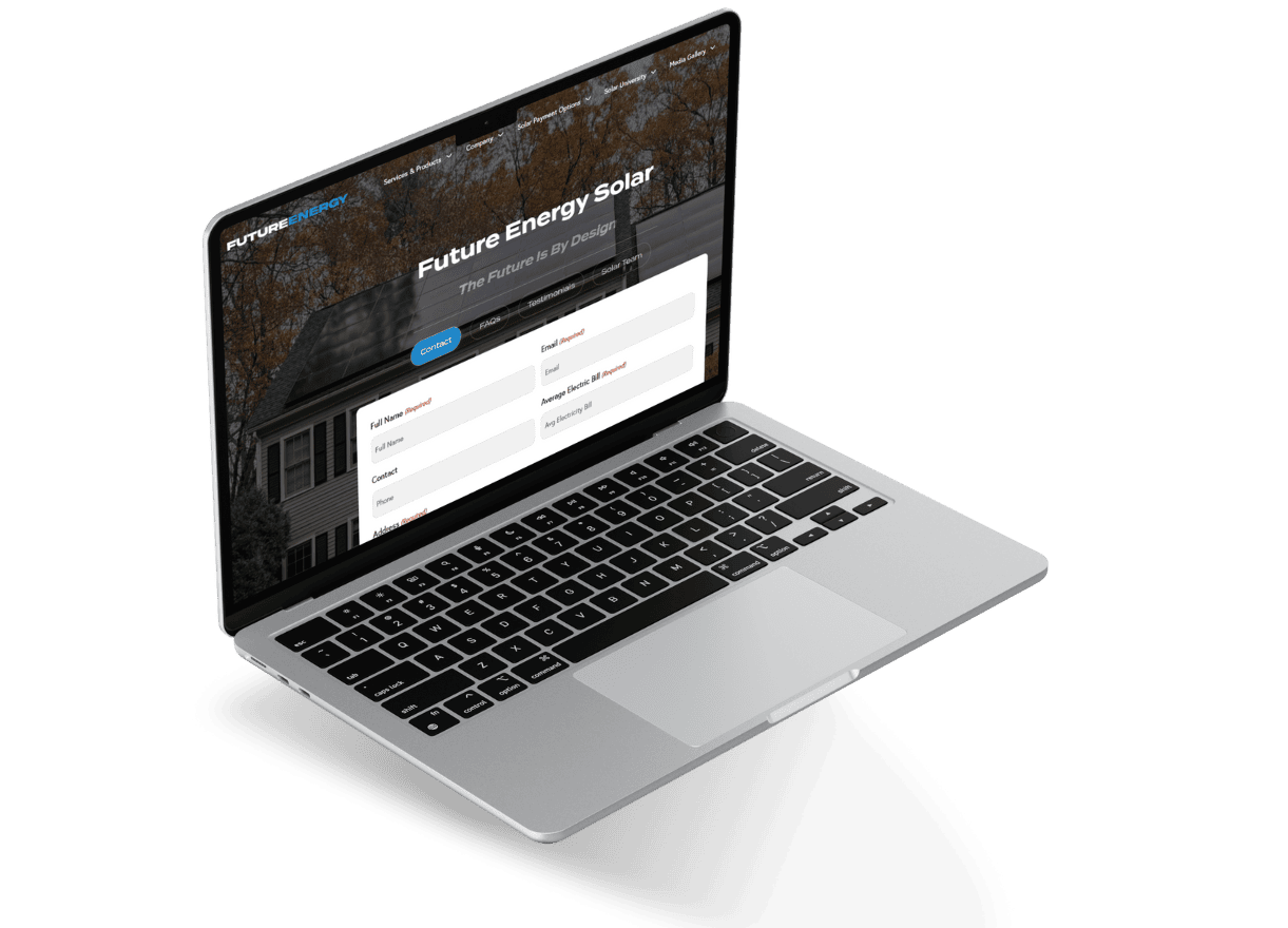 Laptop showing the Future Energy Solar website with a quote form over a rooftop hero image.