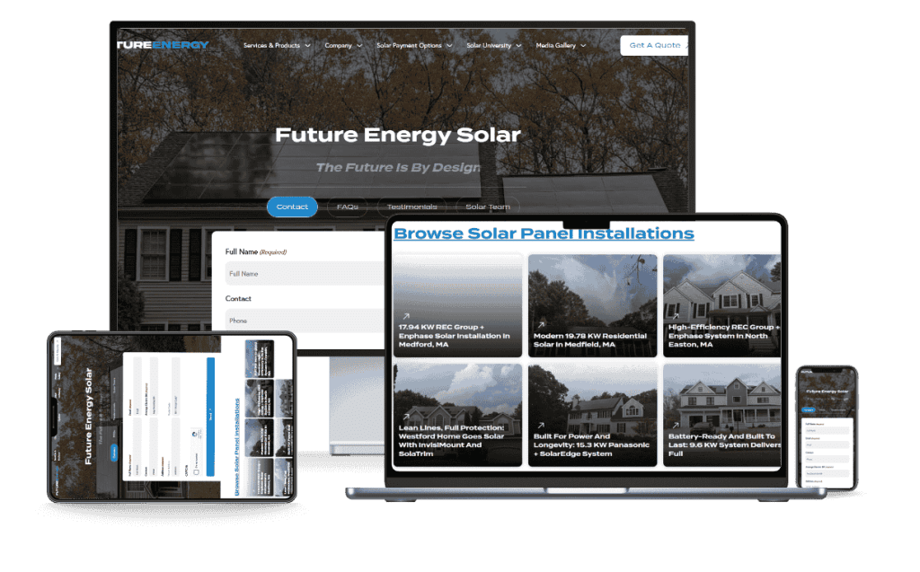 Future Energy Solar site displayed across desktop, laptop, iPad, and phone.